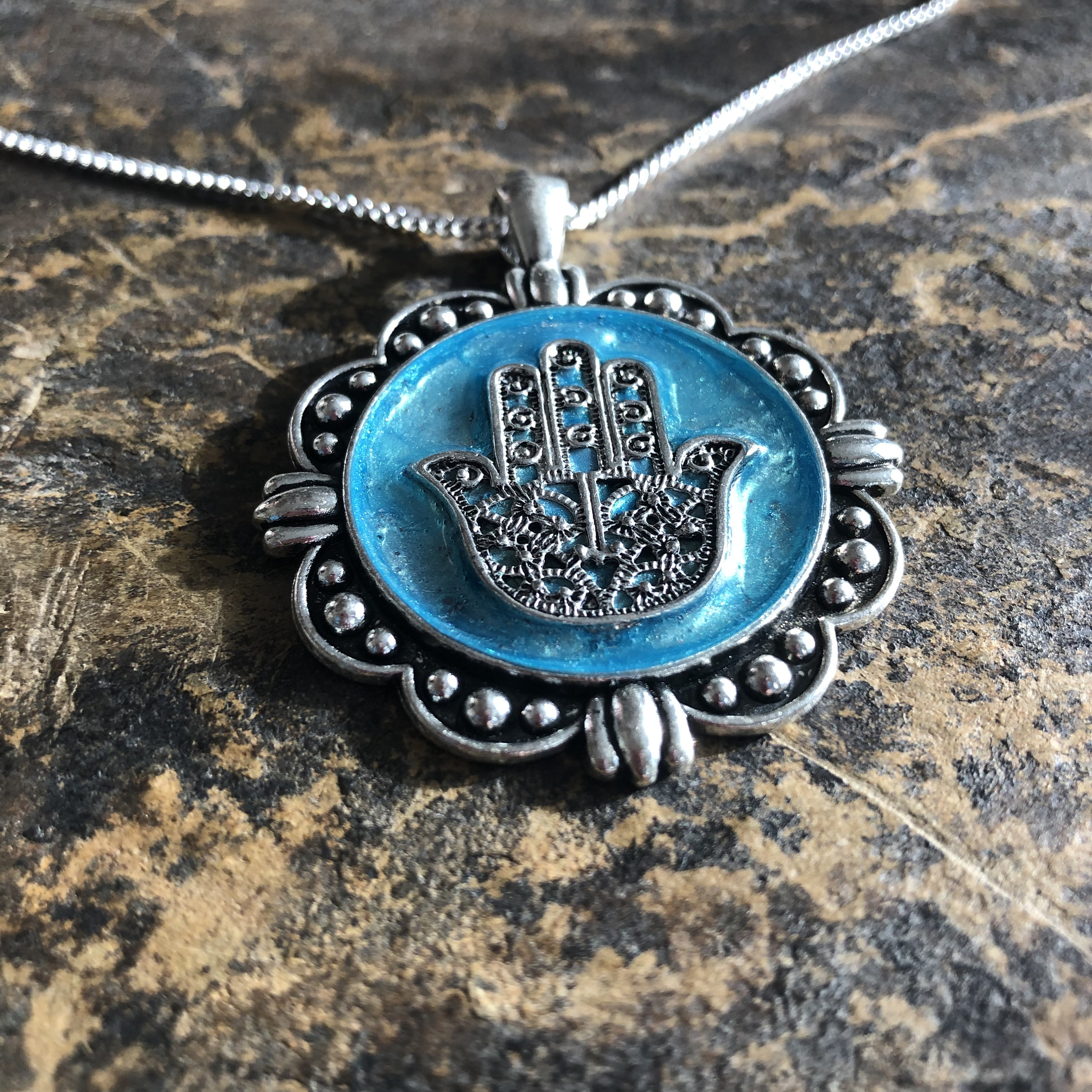 Colorful Hamsa Hand Framed in Blue Pendant on .925 Sterling Silver ...