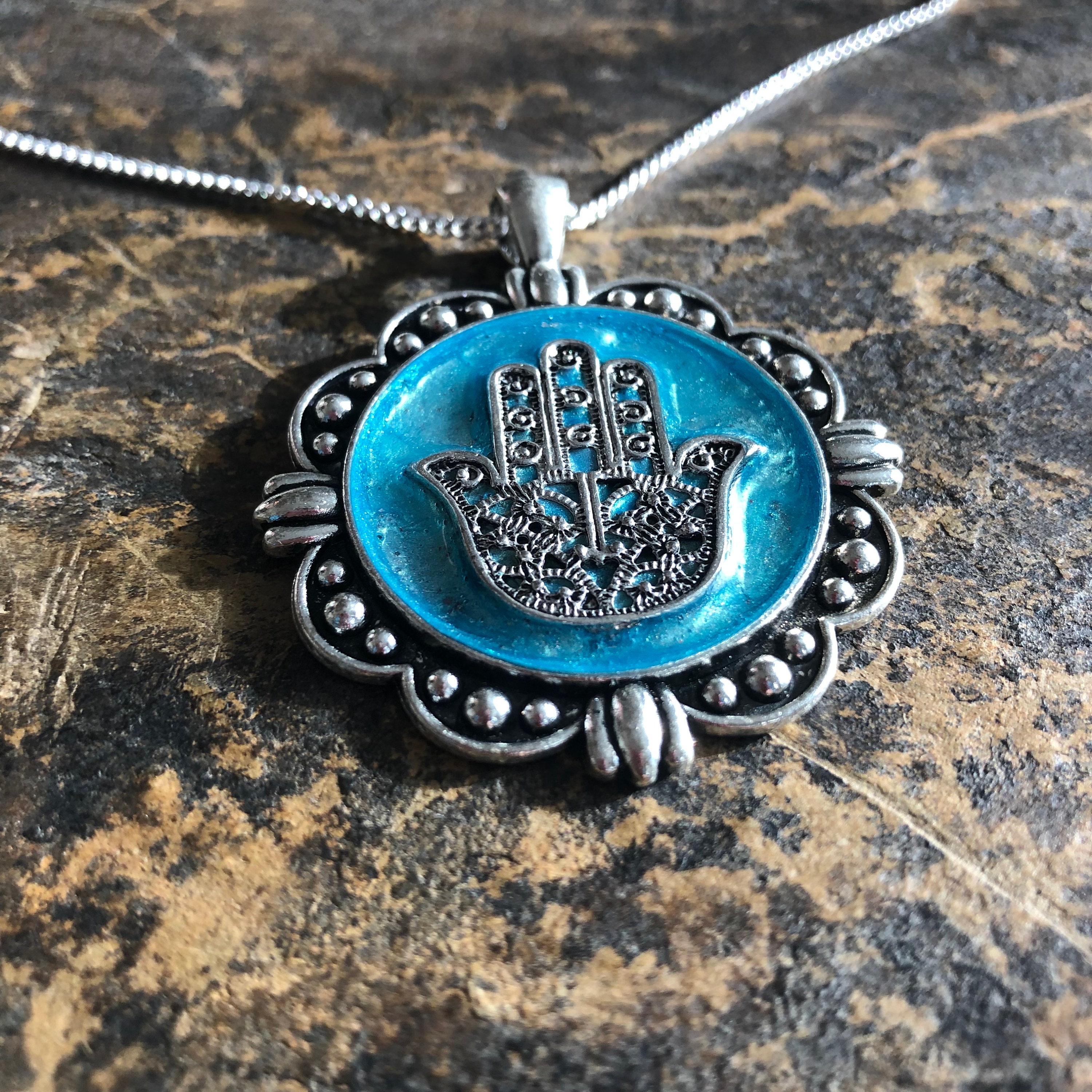 Colorful Hamsa Hand Framed in Blue Pendant on .925 Sterling Silver ...