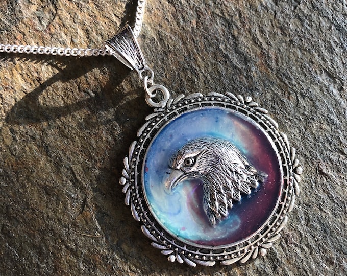 Featured listing image: Eagle Charm Set In Round Ornate Frame With Marbled Red White & Blue Pendant With  On 20” 925 Sterling Silver Chain  Hand Crafted U.S. Seller