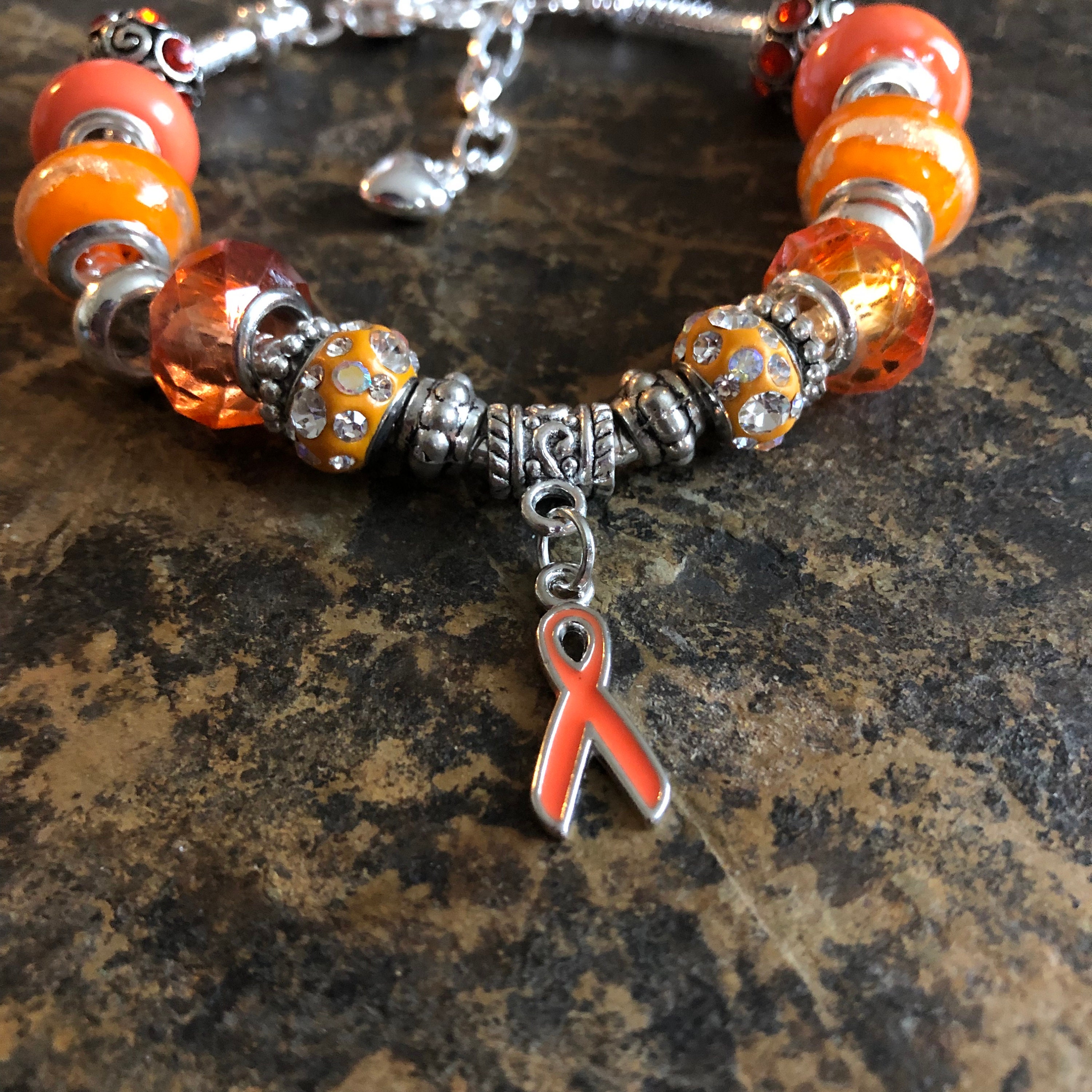 Custom Multiple Sclerosis Awareness Ribbon Orange Leather Bracelet, Silver Plated