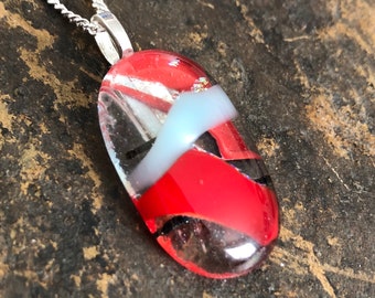 Red White Black  Kiln Fused Glass Pendant with 20” Long Curb Chain Free Shipping in the U.S.A.