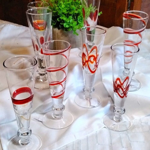 SALE-Vintage Swirl Line Glasses, Pier1 Red hot & White Swirl Line Cordial Glasses,Set/8, MixnMatch Patterns, 2oz,Bar Glasses,Barware, Hand Blown