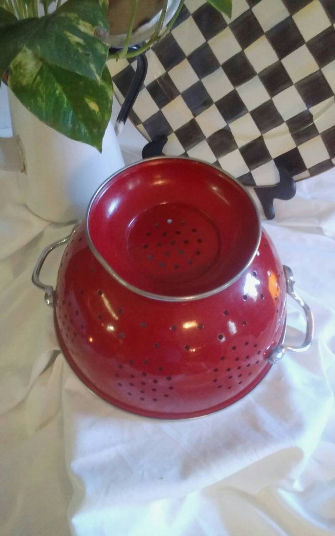 Extra Large Vintage Colander Red Enamelware Strainer Silver Etsy