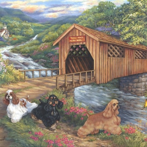 May include: A painting of a covered bridge over a stream with three Cocker Spaniel dogs. The bridge is made of wood and has a sign that reads "Twin Creek Covered Bridge Built 1823". The dogs are sitting on the path leading to the bridge. The scene is set in a rural area with a small church in the background.