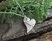 heart necklace, silver heart, love heart, leaf print, heart pendant, silver heart necklace, heart jewelry, gift for her, bridesmaid gift