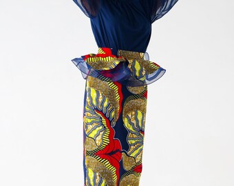 Sola Organza Peplum African Print Midi Pencil Skirt