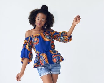 Rayo Bishop Sleeve Off Shoulder African Print Top - Blue