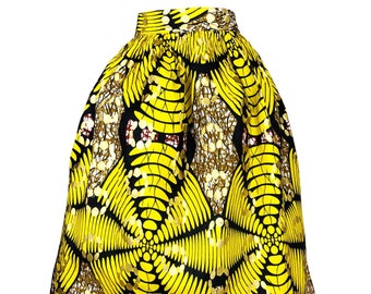 Lena African Print Midi Gathered Skirt - Yellow