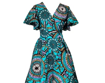 Cecey African Print Wrap Dress - Teal