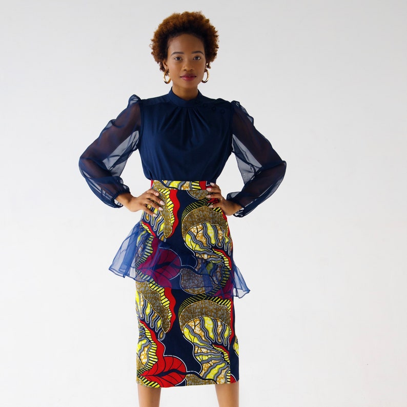 Eni Slant Organza Peplum African Print Midi Pencil Skirt image 1