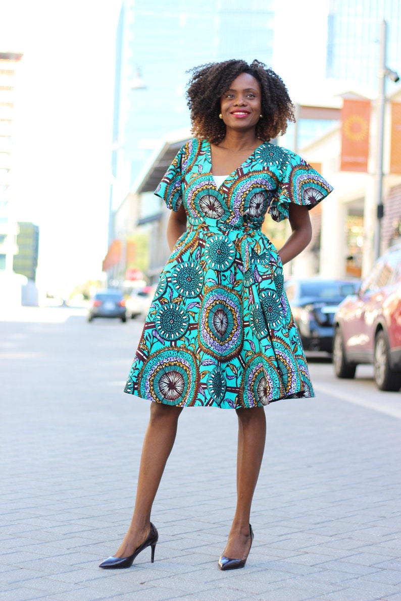 Cecey African Print Wrap Dress Teal image 2