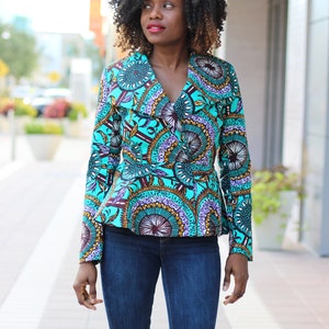 Lizzy African Print Oversized Collar Jacket Teal image 2