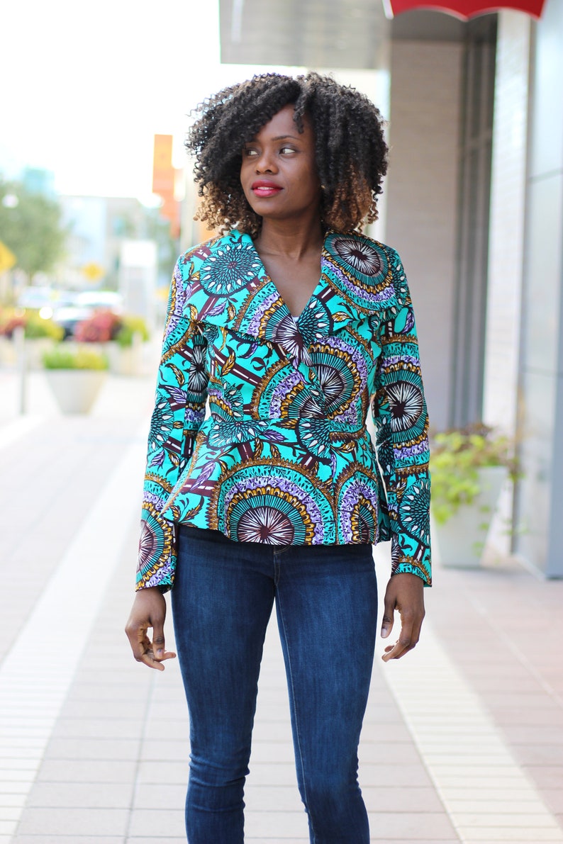 Lizzy African Print Oversized Collar Jacket Teal image 2