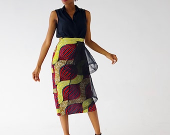 Bola Layered Organza African Print Midi Pencil Skirt