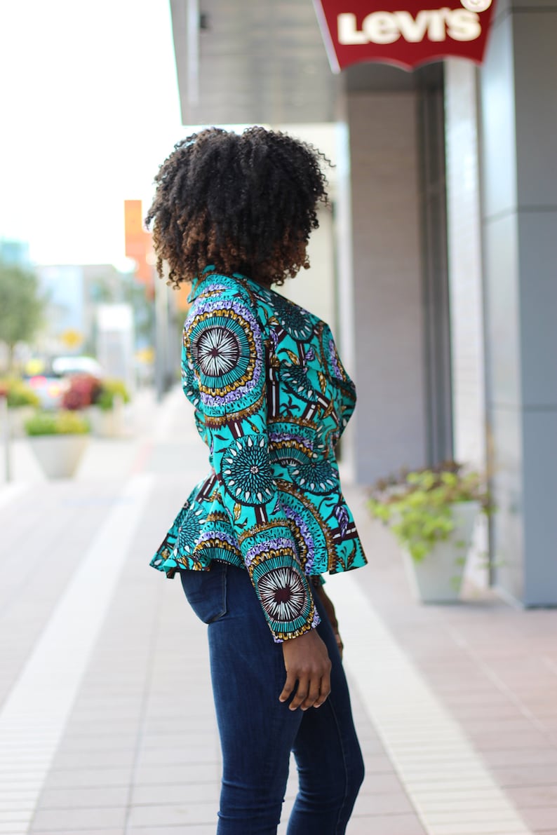 Lizzy African Print Oversized Collar Jacket Teal image 3