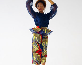 Sola Organza Peplum African Print Midi Pencil Skirt