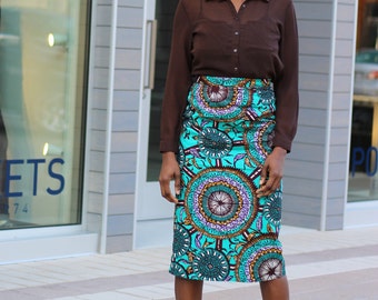 Kenny African Print Midi Pencil Skirt - Teal