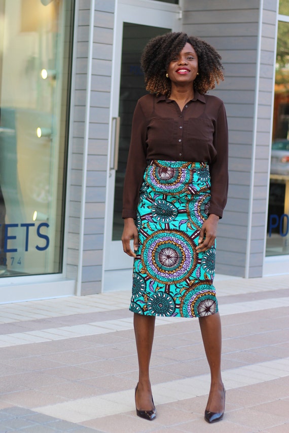 Kenny African Print Midi Pencil Skirt Teal 