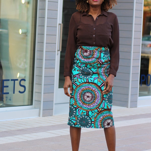 Kenny African Print Midi Pencil Skirt - Teal