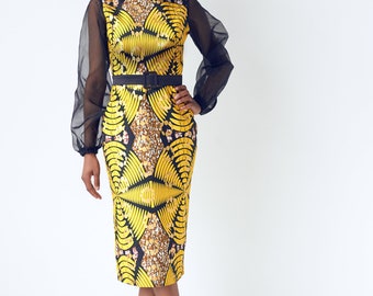 Jasmine Bishop Sleeve African Print Midi Dress - Yellow