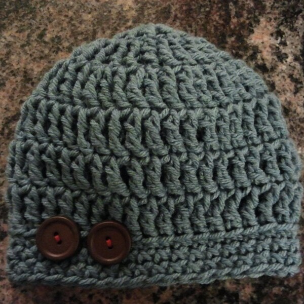 Crochet Baby Boy Beanie with Buttons.  Blue with Brown Buttons. Size 3 to 6 mos