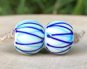 Set of 2 matte lampwork glass beads in white, sky blue, cobalt, apple green, lagoon blue, line decor, artisanal beads