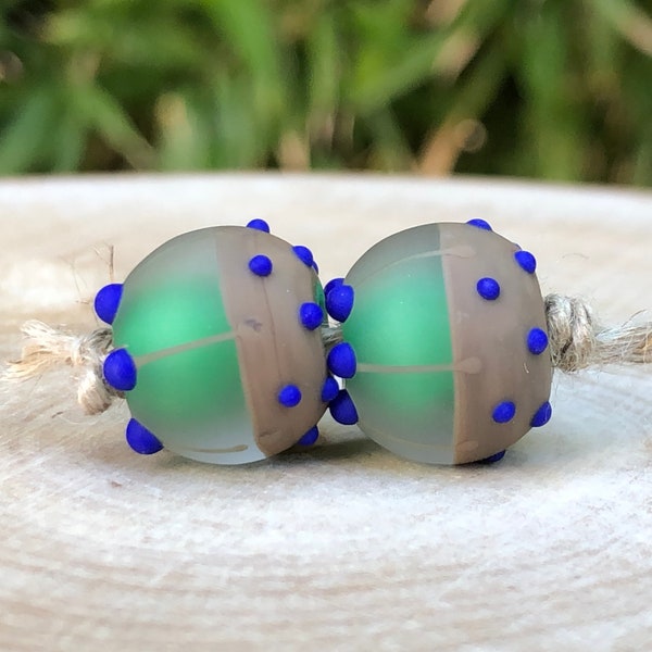 Duo of ethnic spun glass beads, forest green, brown, lapis, boho, hippie jewelry beads