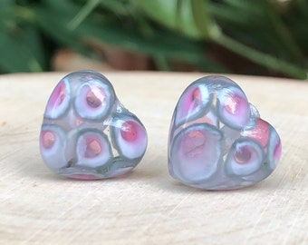 Heart beads in gray, white, raspberry, transparent spun glass, artisanal Valentine's Day glass hearts