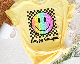 Happy Camper Shirt, Smiley Face Shirt, Teen Camp Shirt, Church Camp Shirt, Family Reunion Shirt, Summer Camp Shirt, Group Trip Shirt