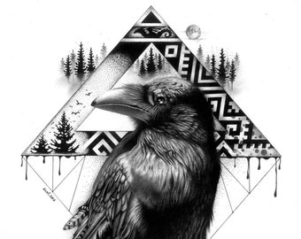 Crow Raven Art Illustration Drawing, Graphite Pencil Ink Pen Original Artwork, Black and White Print, North Winterfell Game of Thrones Stark