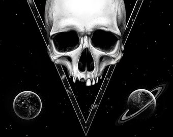 Human Skull Galaxy Space Illustration Drawing Art, Gothic Wall Art, Dotwork Black & White Print, Planet Zodiac Solar System Tarot Card A2 A1