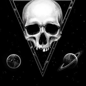 Ludzka czaszka galaktyka przestrzeń ilustracja rysunek sztuka, gotycka sztuka ścienna, dotwork czarno-biały wydruk, planeta zodiak układ słoneczny karta tarota A3