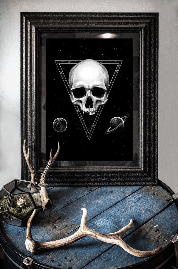 Human Skull Galaxy Space Illustration Drawing Art, Gothic Wall Art