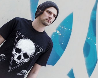 Skull T-shirt Galaxy Space Planet Triangle Print Black Graphic Design Tee Top Shirt Alternative Style Metal Mens Womens Unisex Clothing