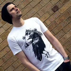 Crow T Shirt Alternative Tattoo Rock Tshirt Corvid Bird T-shirt Raven Black White Graphic Unique Designer Cool Pagan Ornithology Design image 8