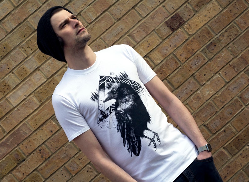 Crow T Shirt Alternative Tattoo Rock Tshirt Corvid Bird T-shirt Raven Black White Graphic Unique Designer Cool Pagan Ornithology Design image 8