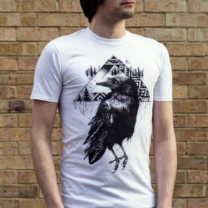 Crow T Shirt Alternative Tattoo Rock Tshirt Corvid Bird T-shirt Raven Black White Graphic Unique Designer Cool Pagan Ornithology Design image 9