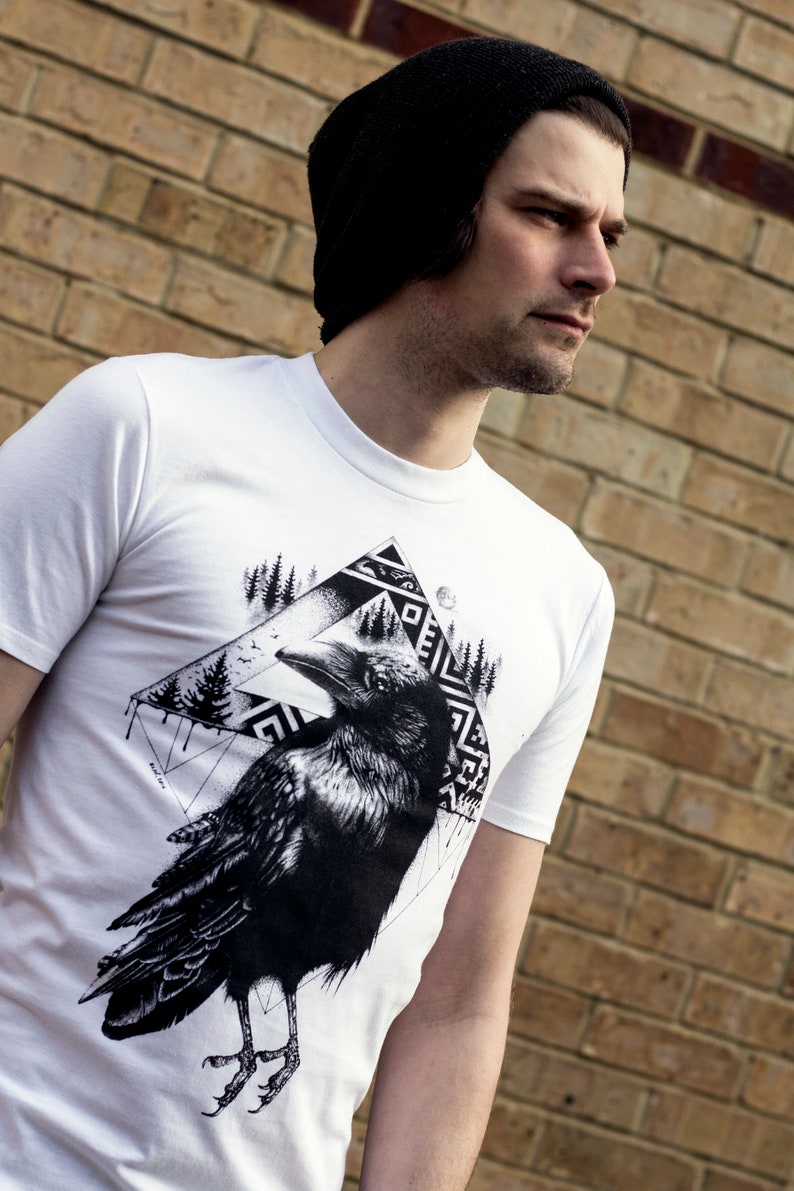 Crow T Shirt Alternative Tattoo Rock Tshirt Corvid Bird T-shirt Raven Black White Graphic Unique Designer Cool Pagan Ornithology Design image 6