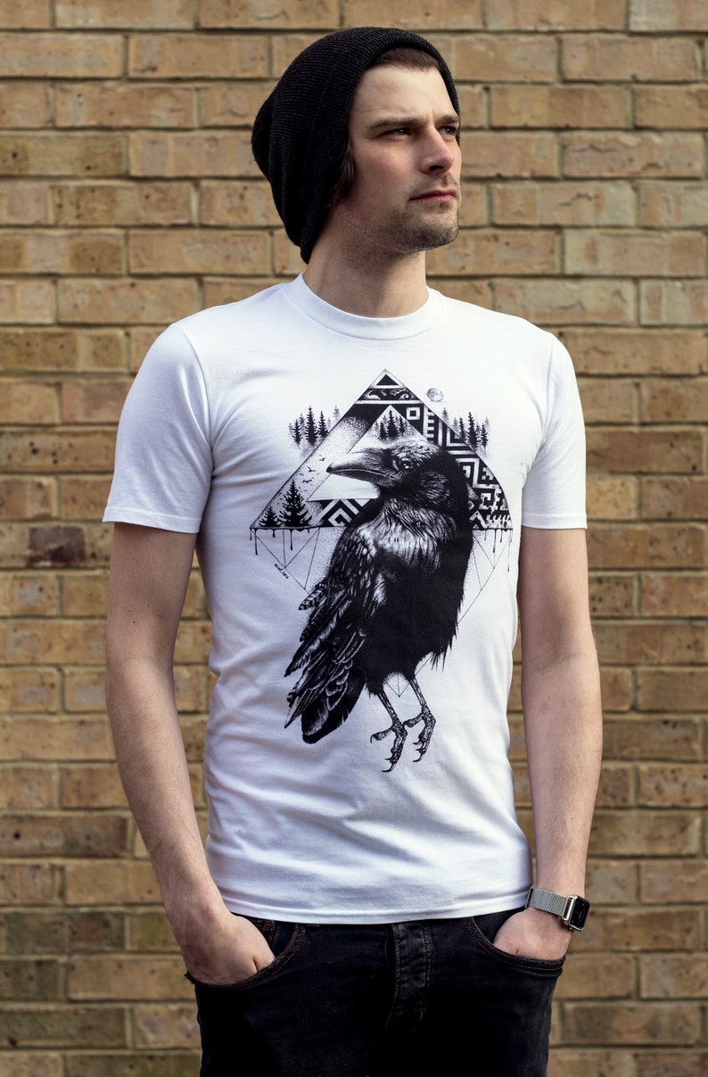 Crow T Shirt Alternative Tattoo Rock Tshirt Corvid Bird T-shirt Raven Black White Graphic Unique Designer Cool Pagan Ornithology Design image 1