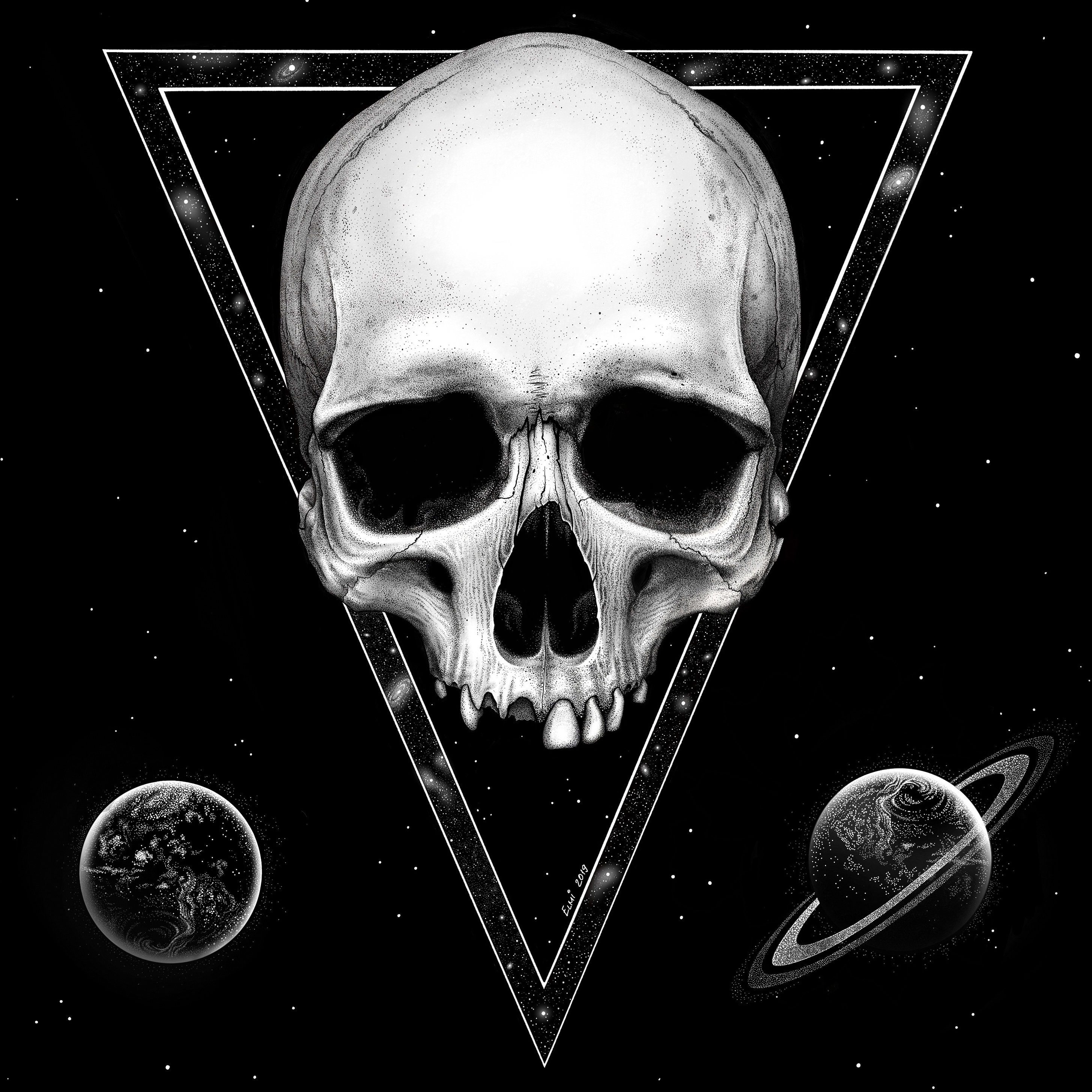 Human Skull Galaxy Space Illustration Drawing Art, Gothic Wall Art