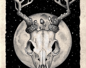 Deer Skull Moonlight Lunar Full Moon Witch Wicca Pagan Witchcraft Wizard Tarot Esoteric Magic Nature Illustration Drawing Original Artwork