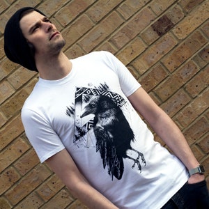 Crow T Shirt Alternative Tattoo Rock Tshirt Corvid Bird T-shirt Raven Black White Graphic Unique Designer Cool Pagan Ornithology Design image 4