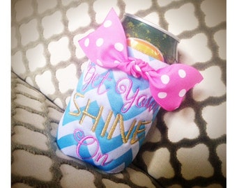 Get Your Shine On Pale Blue and White Chevron Koozie with Pink and White Polka Dot Knot Bow