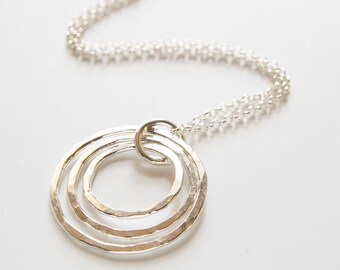 silver circle, triple circle, hammered silver, handmade necklace, gift for her