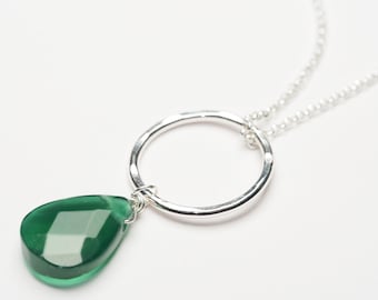 may birthstone, emerald green agate dropped off hammered sterling  silver circle necklace, gift for her