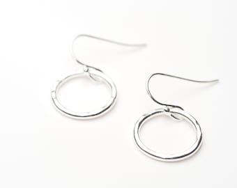 small hammered sterling silver circle drop earrings, gift for her