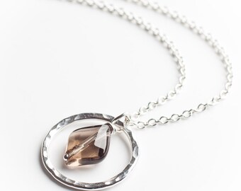 smokey quartz in hammered silver circle necklace, june birthstone, gift for her