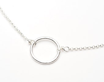 small hammered sterling silver circle wire wrapped within short sterling silver chain necklace, gift for her