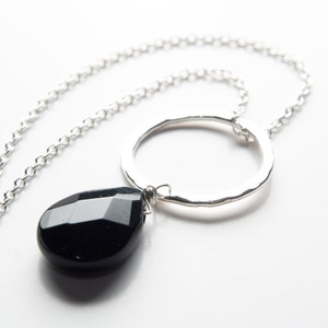 black onyx pendant in sterling silver circle necklace, gift for her