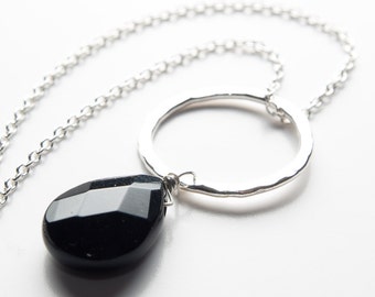 black onyx pendant in sterling silver circle necklace, gift for her